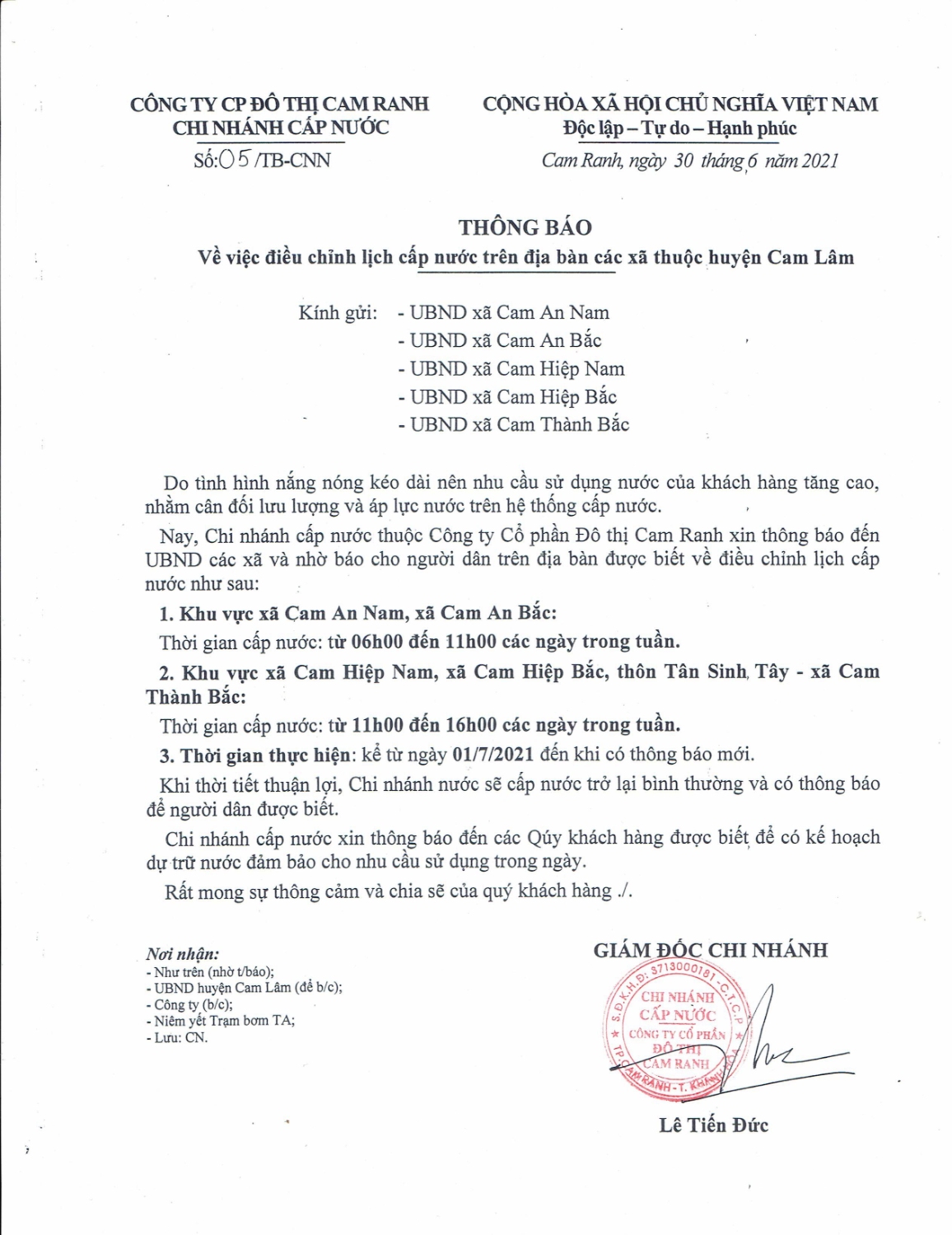 Thông báo v/v điều chỉnh lịch cấp nước trên địa bàn các xã thuộc Huyện Cam Lâm