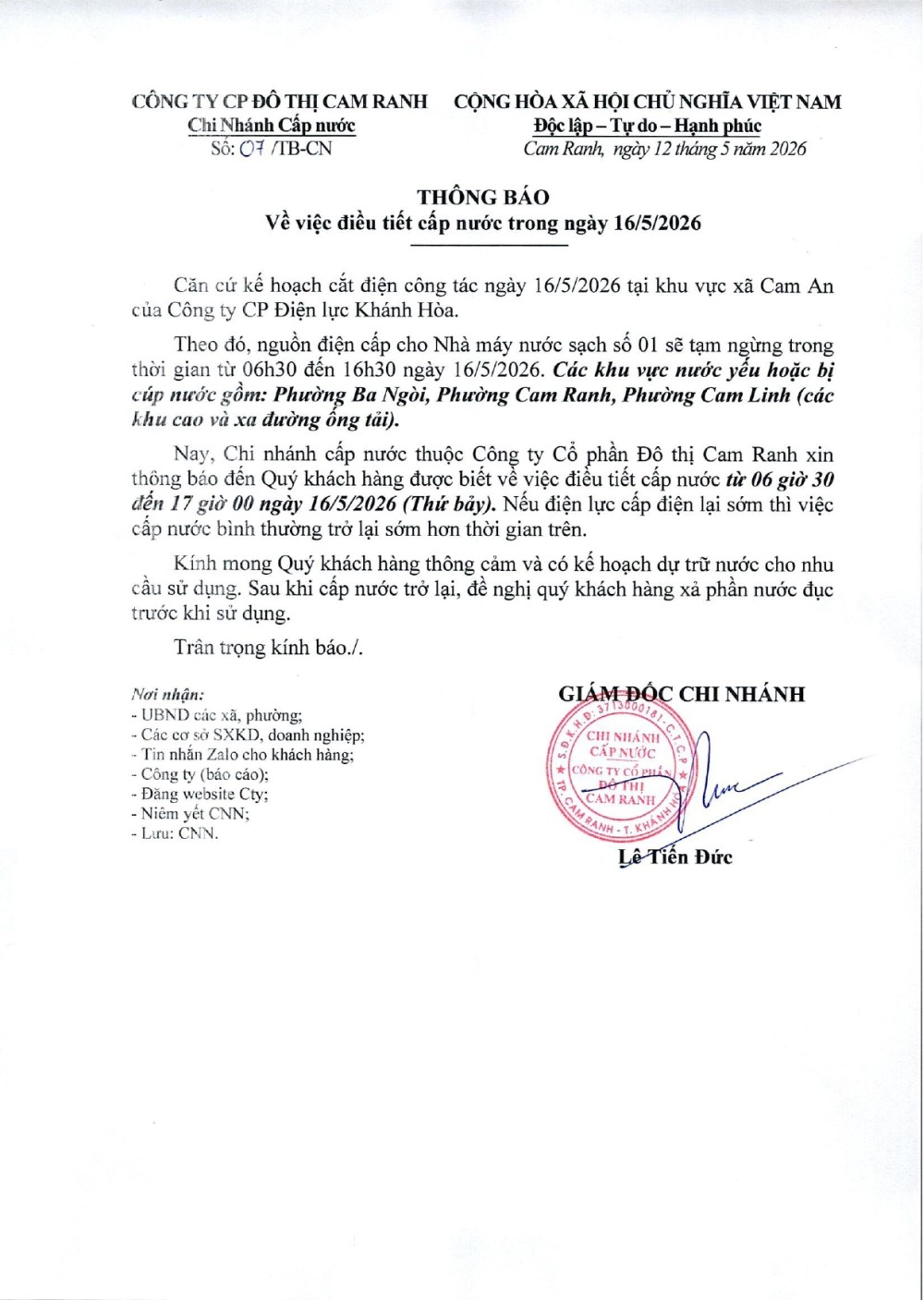 Thông báo v/v điều tiết cấp nước trong ngày 16/5/2026