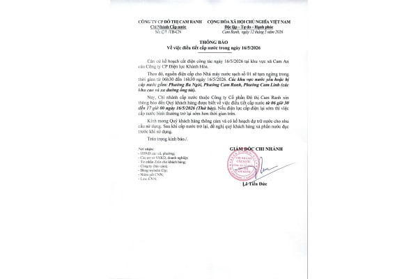 Thông báo v/v điều tiết cấp nước trong ngày 16/5/2026