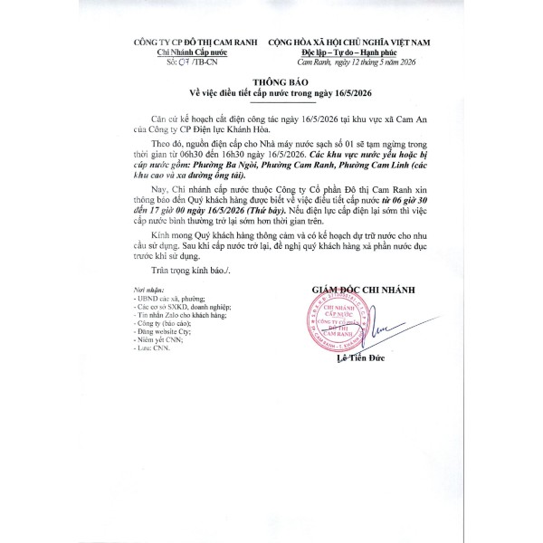 Thông báo v/v điều tiết cấp nước trong ngày 16/5/2026