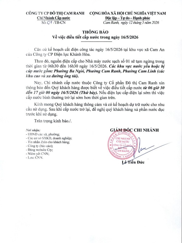 Thông báo v/v điều tiết cấp nước trong ngày 16/5/2026