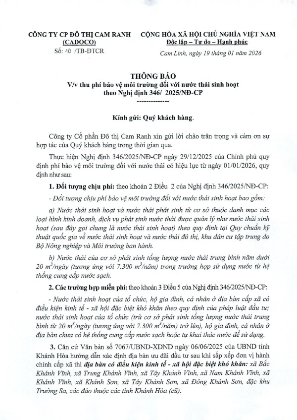 Thông báo v/v thu phí bảo vệ môi trường đối với nước thải sinh hoạt theo Nghị định 346/2025/NĐ-CP
