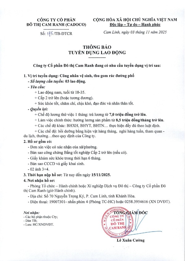 Thông báo Tuyển dụng lao động