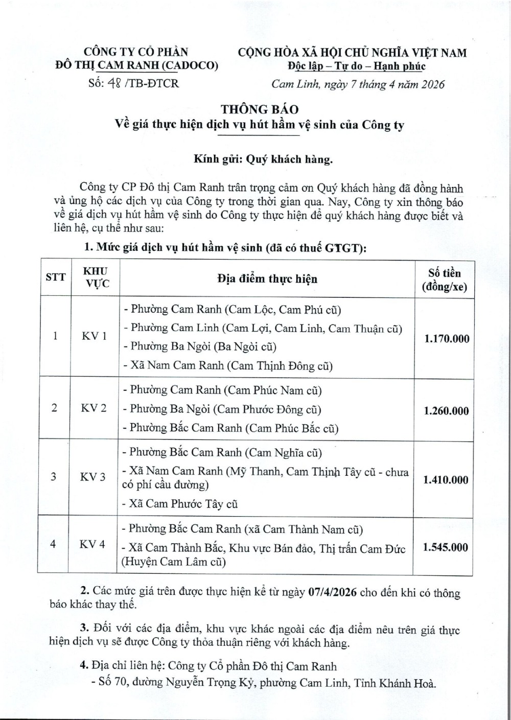 Thông báo về giá thực hiện dịch vụ hút hầm vệ sinh của Công ty