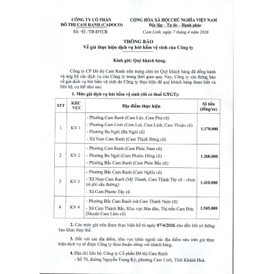 Thông báo về giá thực hiện dịch vụ hút hầm vệ sinh của Công ty