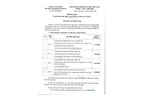 Thông báo về giá thực hiện dịch vụ hút hầm vệ sinh của Công ty