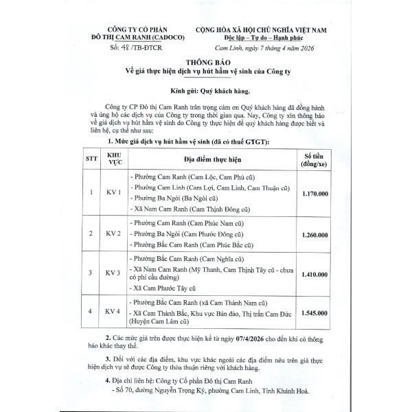 Thông báo về giá thực hiện dịch vụ hút hầm vệ sinh của Công ty