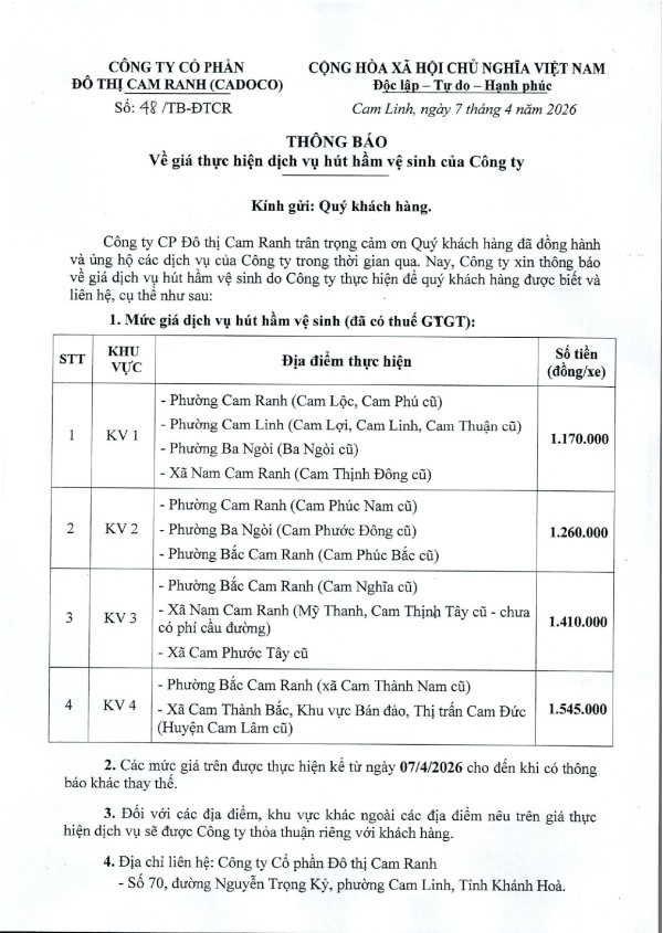 Thông báo về giá thực hiện dịch vụ hút hầm vệ sinh của Công ty