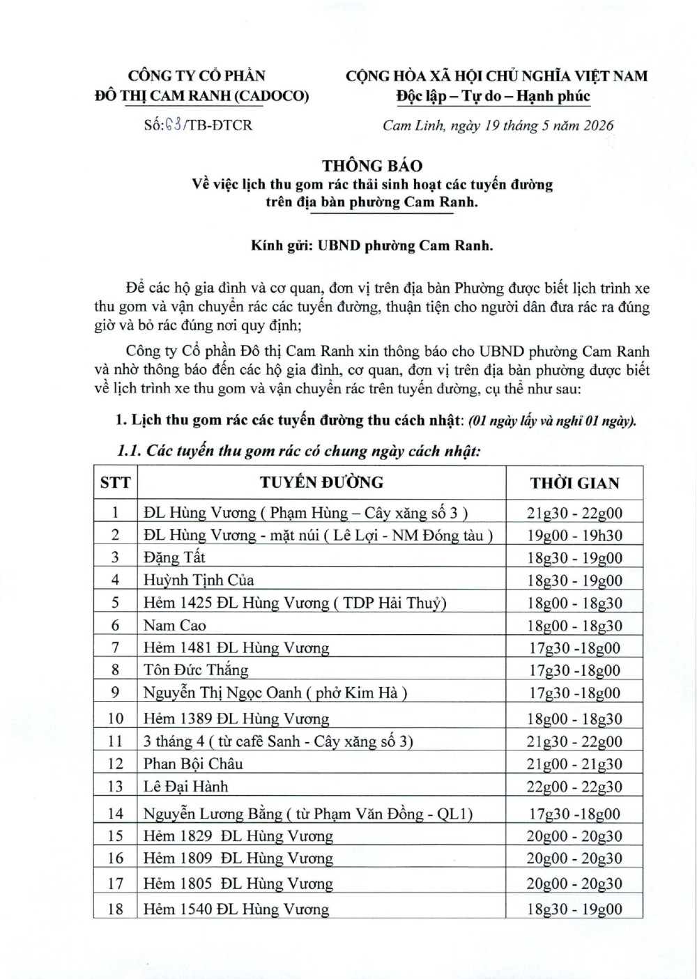 Thông báo v/v lịch thu gom rác thải sinh hoạt các tuyến đường trên địa bàn phường Cam Ranh