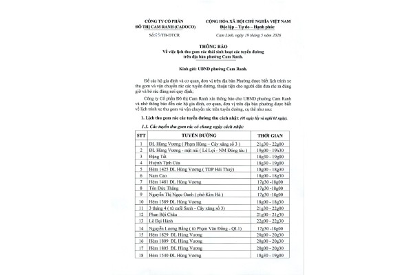 Thông báo v/v lịch thu gom rác thải sinh hoạt các tuyến đường trên địa bàn phường Cam Ranh