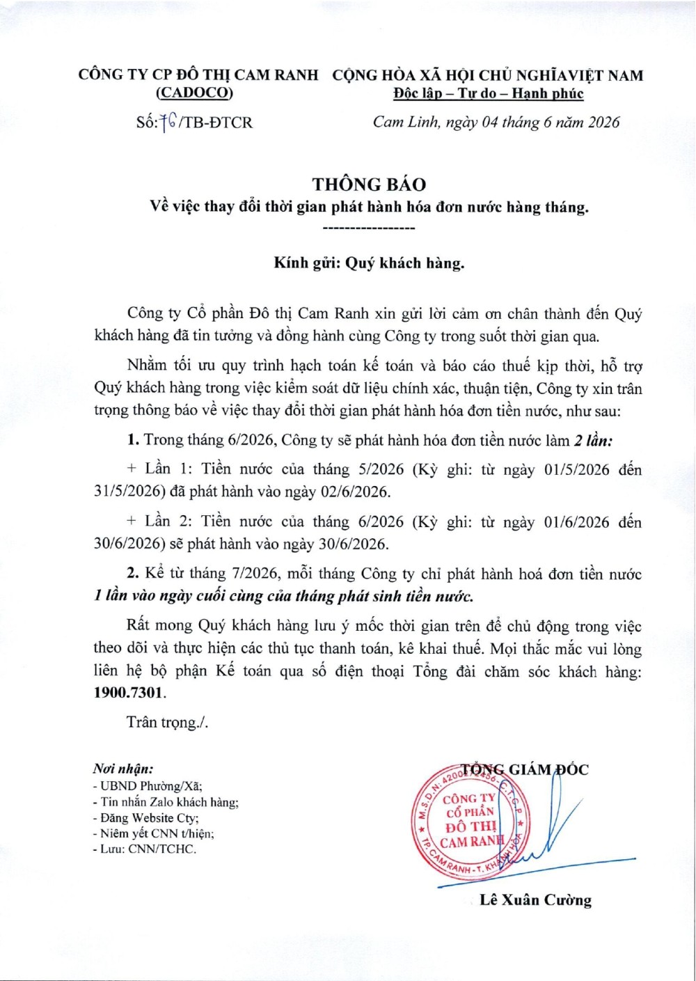 Thông báo v/v thay đổi thời gian phát hành hoá đơn nước hàng tháng