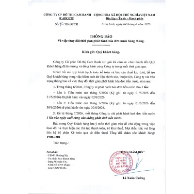 Thông báo v/v thay đổi thời gian phát hành hoá đơn nước hàng tháng