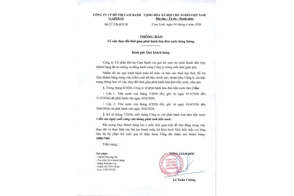 Thông báo v/v thay đổi thời gian phát hành hoá đơn nước hàng tháng