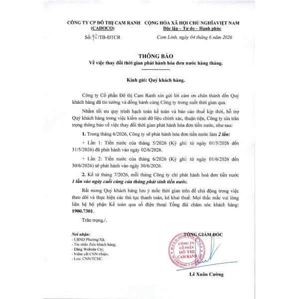Thông báo v/v thay đổi thời gian phát hành hoá đơn nước hàng tháng