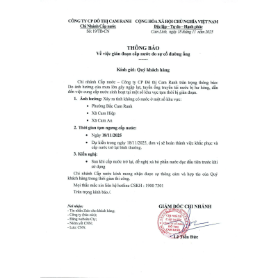 Thông báo v/v gián đoạn cấp nước do sự cố đường ống