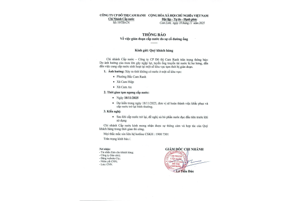 Thông báo v/v gián đoạn cấp nước do sự cố đường ống