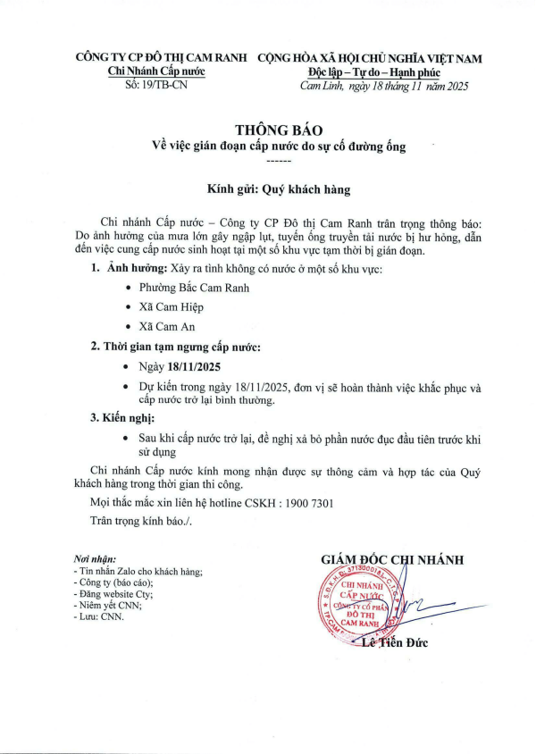 Thông báo v/v gián đoạn cấp nước do sự cố đường ống