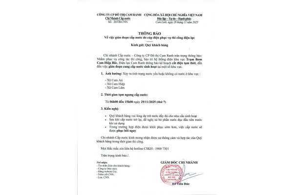 Thông báo v/v GIÁN ĐOẠN CÚP NƯỚC DO CÚP ĐIỆN PHỤC VỤ THI CÔNG ĐIỆN LỰC
