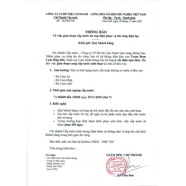 Thông báo v/v GIÁN ĐOẠN CÚP NƯỚC DO CÚP ĐIỆN PHỤC VỤ THI CÔNG ĐIỆN LỰC