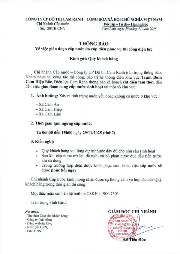 Thông báo v/v GIÁN ĐOẠN CÚP NƯỚC DO CÚP ĐIỆN PHỤC VỤ THI CÔNG ĐIỆN LỰC