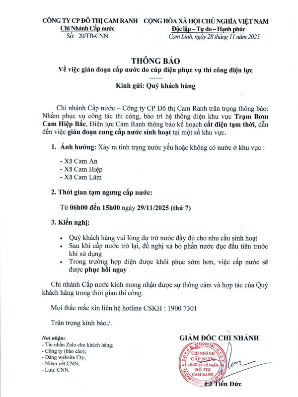 Thông báo v/v GIÁN ĐOẠN CÚP NƯỚC DO CÚP ĐIỆN PHỤC VỤ THI CÔNG ĐIỆN LỰC
