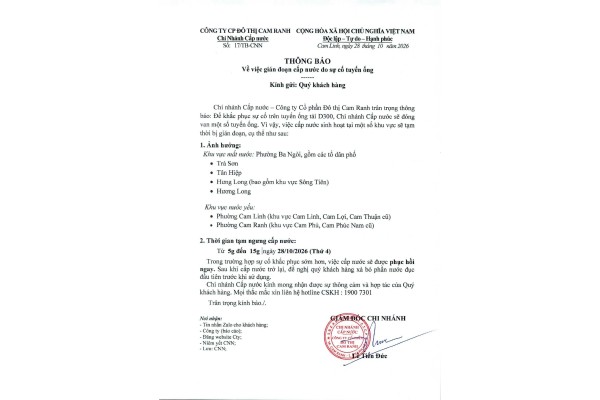 Thông báo v/v gián đoạn cúp nước do sự cố tuyến ống