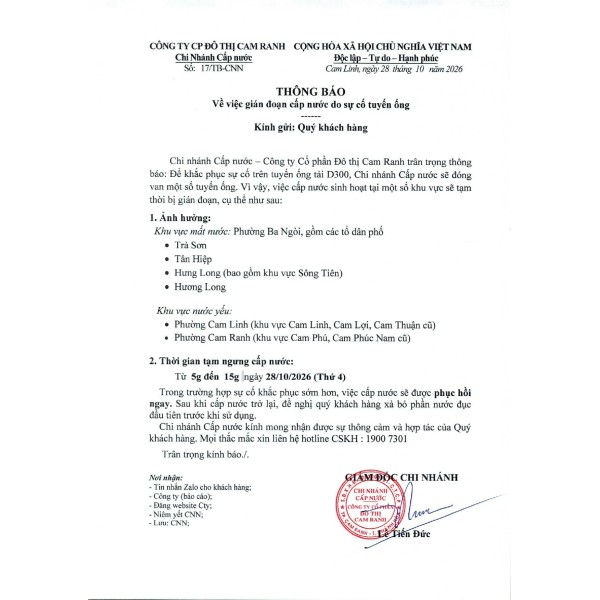 Thông báo v/v gián đoạn cúp nước do sự cố tuyến ống
