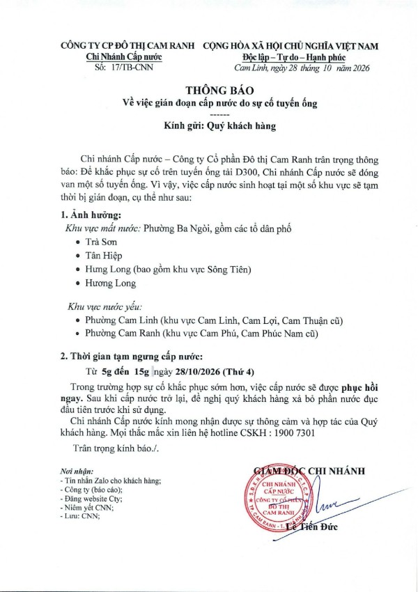 Thông báo v/v gián đoạn cúp nước do sự cố tuyến ống