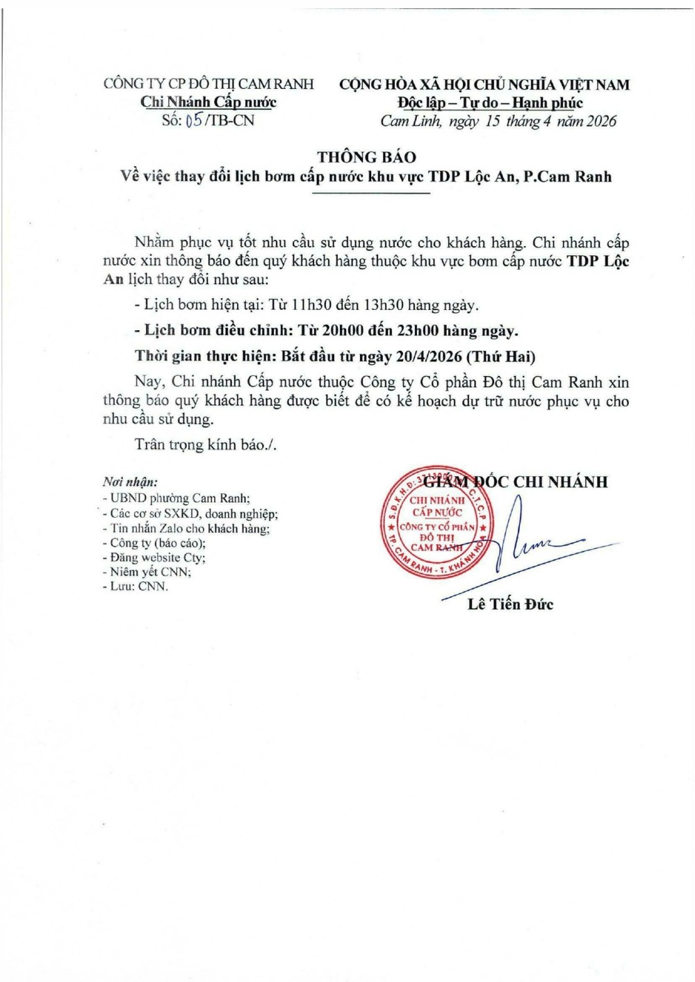 Thông báo v/v thay đổi lịch bơm cấp nước khu vực TDP Lộc An, p. Cam Ranh