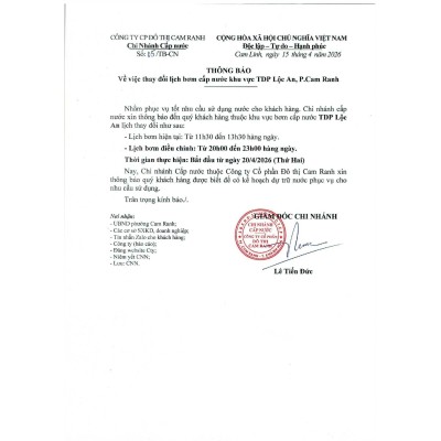 Thông báo v/v thay đổi lịch bơm cấp nước khu vực TDP Lộc An, p. Cam Ranh
