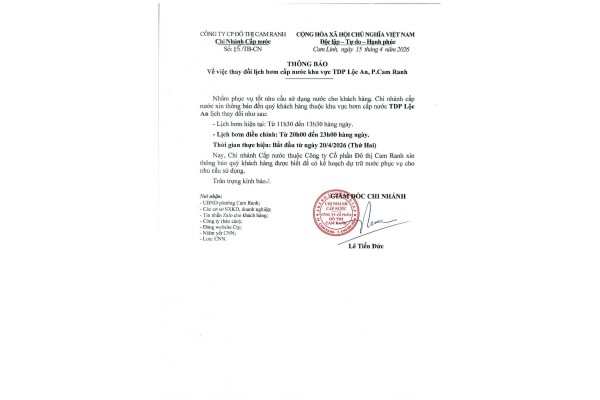 Thông báo v/v thay đổi lịch bơm cấp nước khu vực TDP Lộc An, p. Cam Ranh