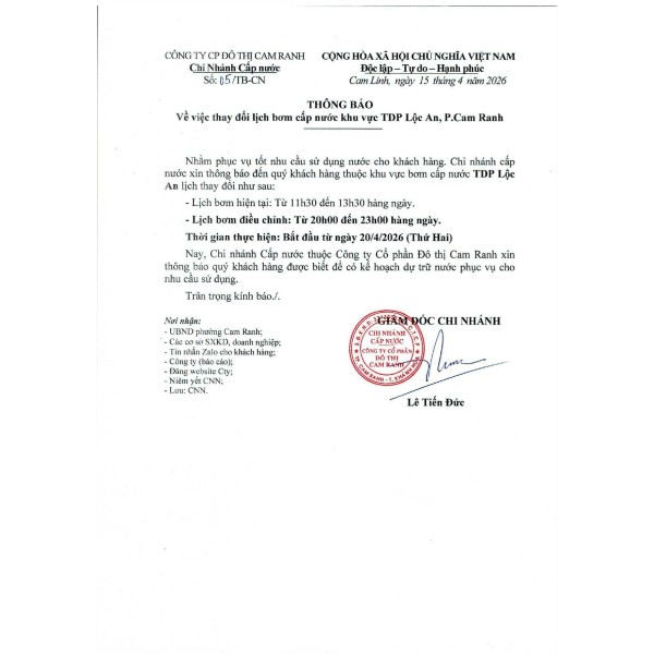 Thông báo v/v thay đổi lịch bơm cấp nước khu vực TDP Lộc An, p. Cam Ranh