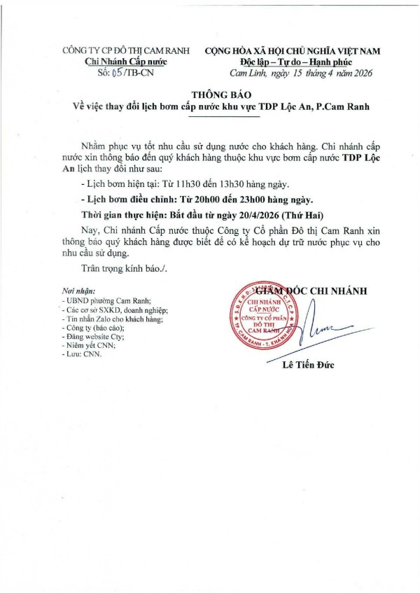 Thông báo v/v thay đổi lịch bơm cấp nước khu vực TDP Lộc An, p. Cam Ranh