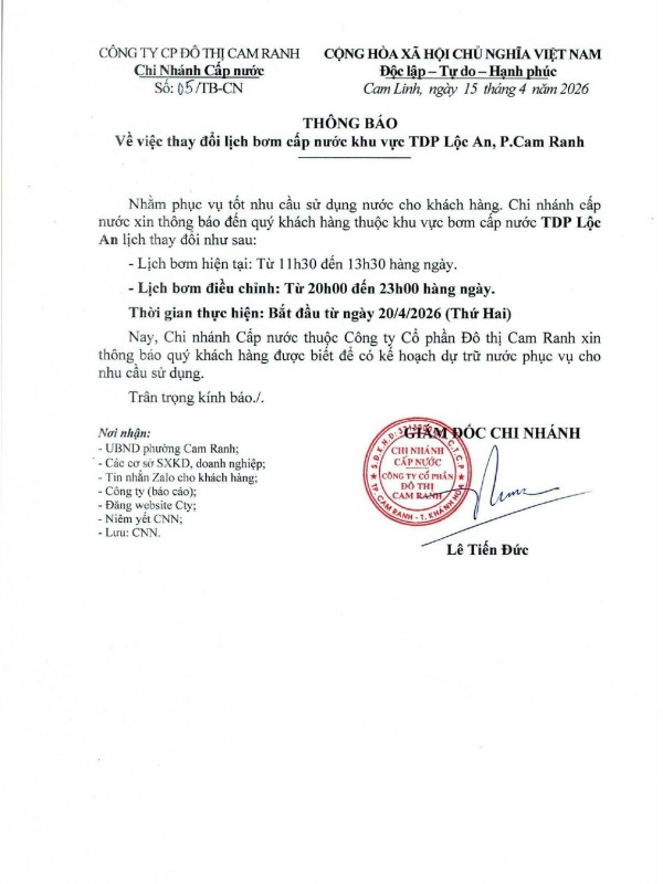 Thông báo v/v thay đổi lịch bơm cấp nước khu vực TDP Lộc An, p. Cam Ranh