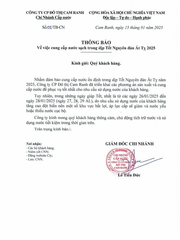 Thông báo v/v cung cấp nước sạch trong dịp Tết Nguyên đán Ất Tỵ 2025