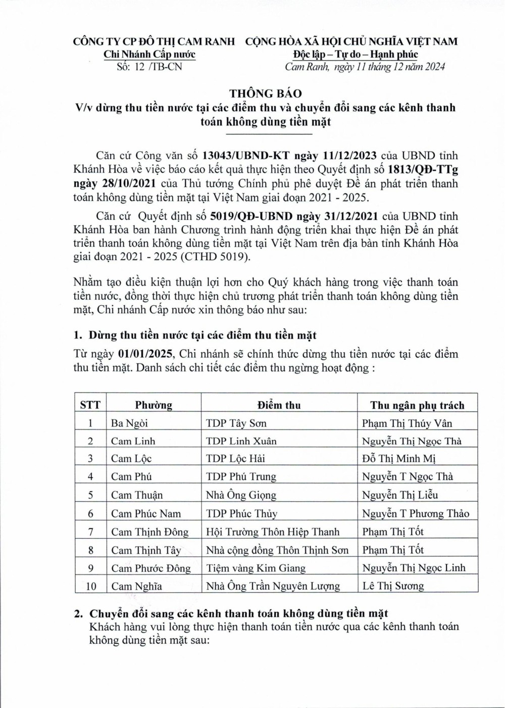 Thông báo v/v dừng thu tiền nước tại các điểm thu và chuyển đổi sang các kênh thanh toán không dùng tiền mặt