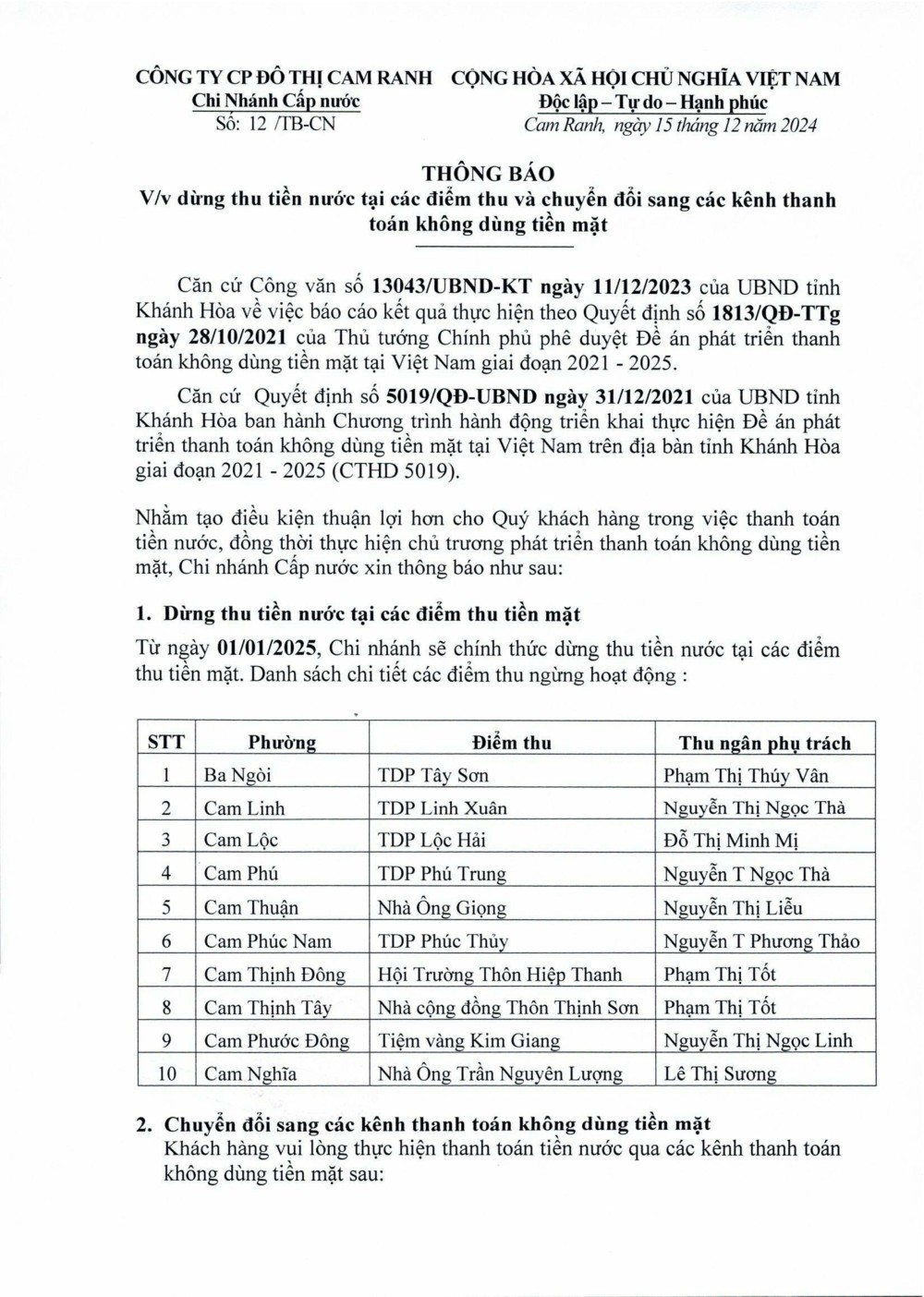 Thông báo v/v ngừng thu tiền nước qua nhân viên thu ngân và chuyển đổi sang các kênh thanh toán không dùng tiền mặt