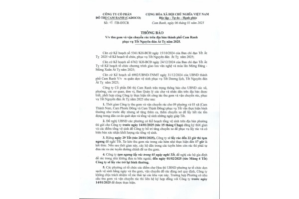 Thông báo v/v thu gom và vận chuyển rác trên địa bàn Tp. Cam Ranh phục vụ Tết Nguyên đán Ất Tỵ năm 2025
