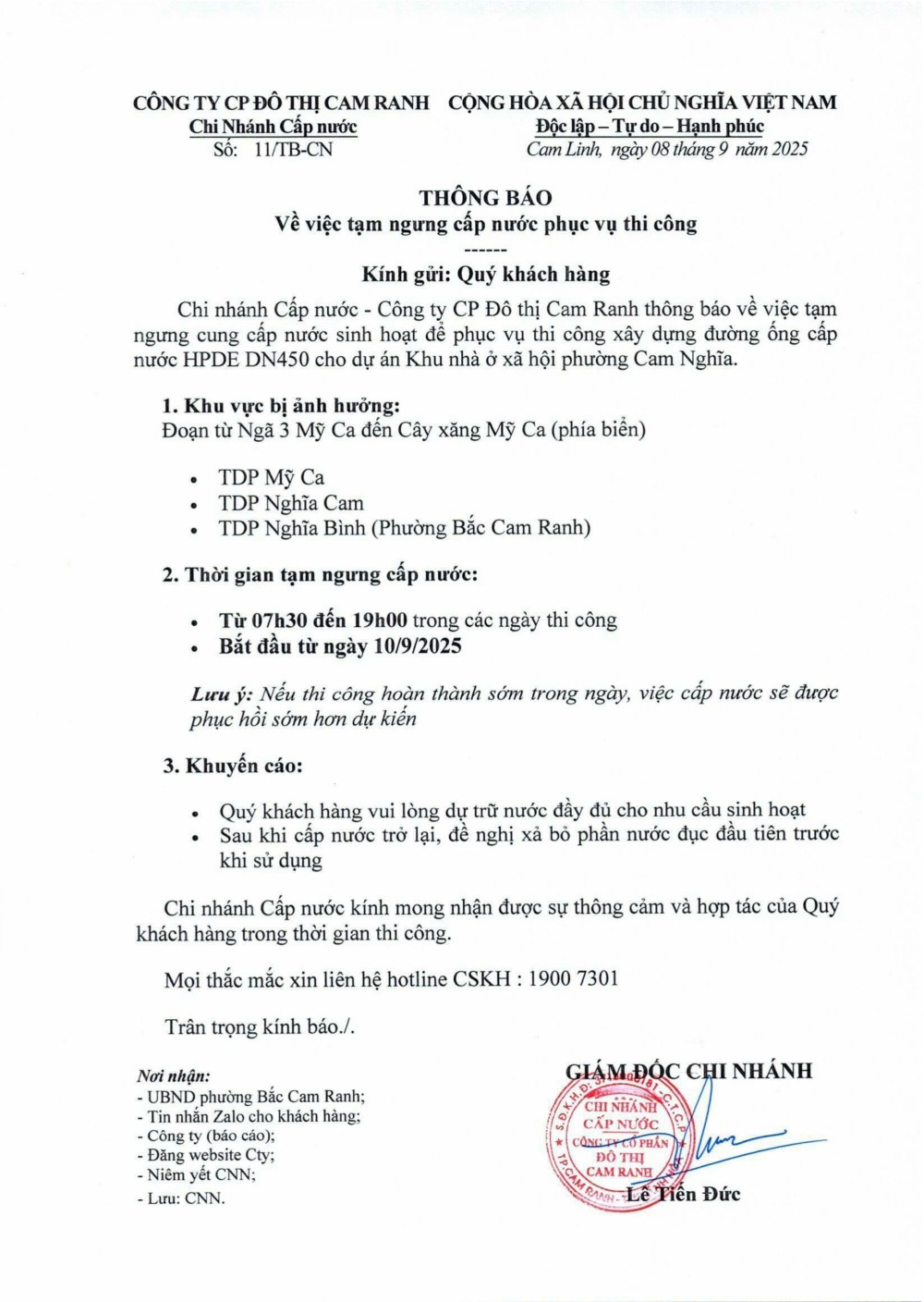 Thông báo v/v Tạm ngưng cấp nước phục vụ thi công