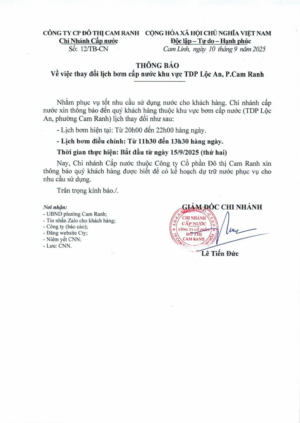 Thông báo v/v thay đổi lịch bơm cấp nước khu vực TDP Lộc An, p. Cam Ranh