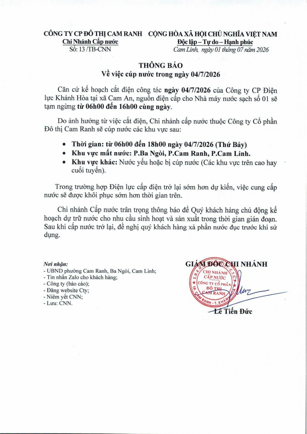 Thông báo v/v cúp nước trong ngày 04/7/2026