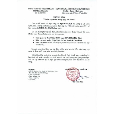 Thông báo v/v cúp nước trong ngày 04/7/2026