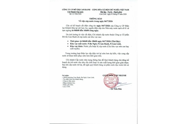 Thông báo v/v cúp nước trong ngày 04/7/2026