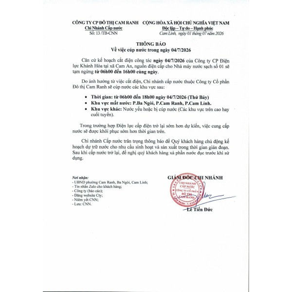 Thông báo v/v cúp nước trong ngày 04/7/2026