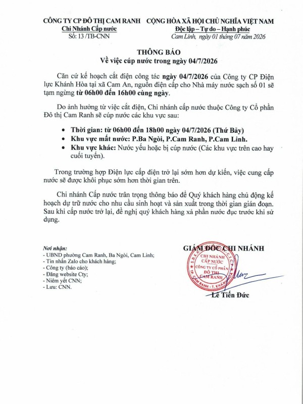 Thông báo v/v cúp nước trong ngày 04/7/2026