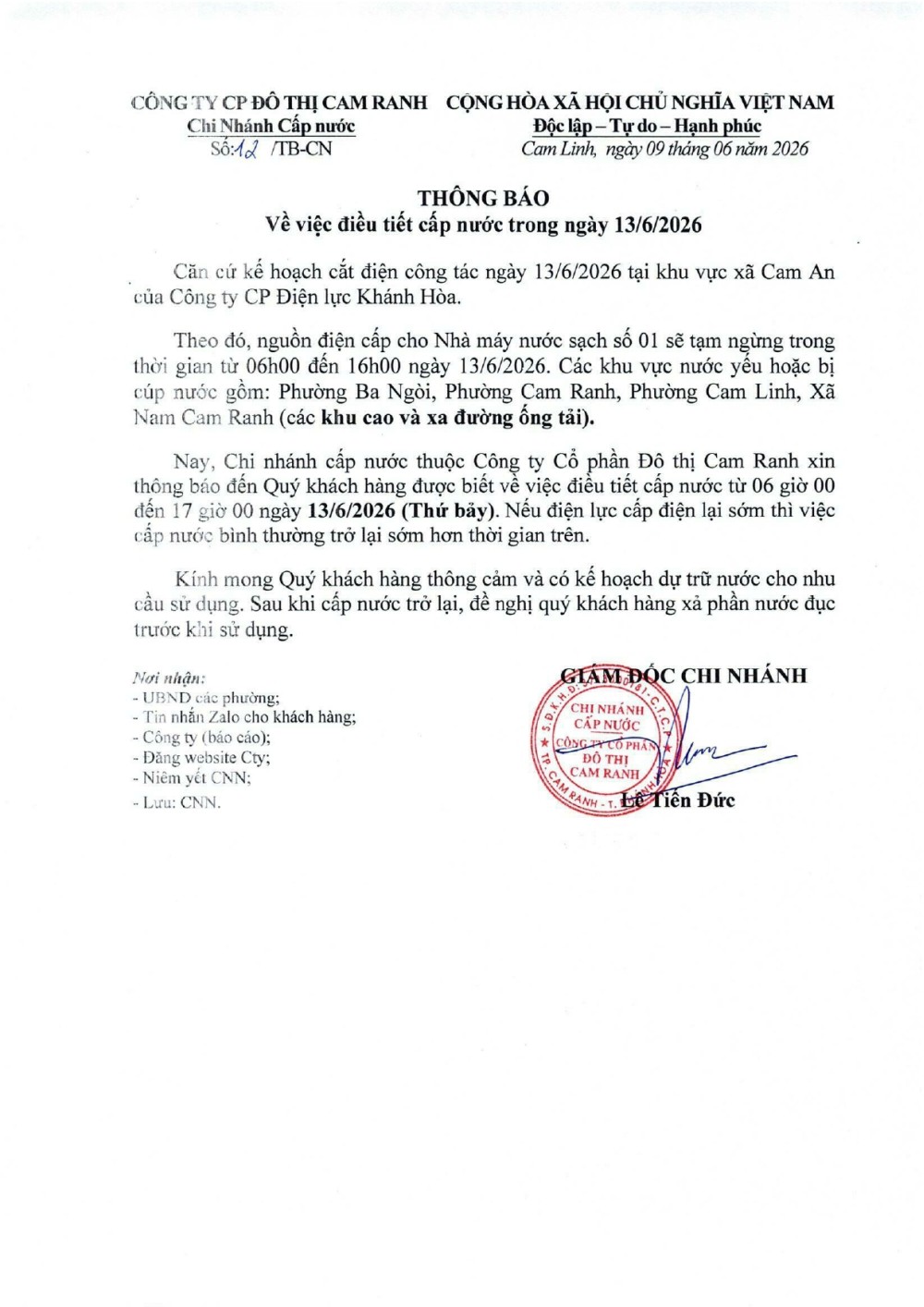 Thông báo v/v điều tiết cấp nước trong ngày 13/06/2026