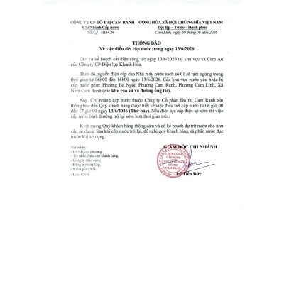 Thông báo v/v điều tiết cấp nước trong ngày 13/06/2026