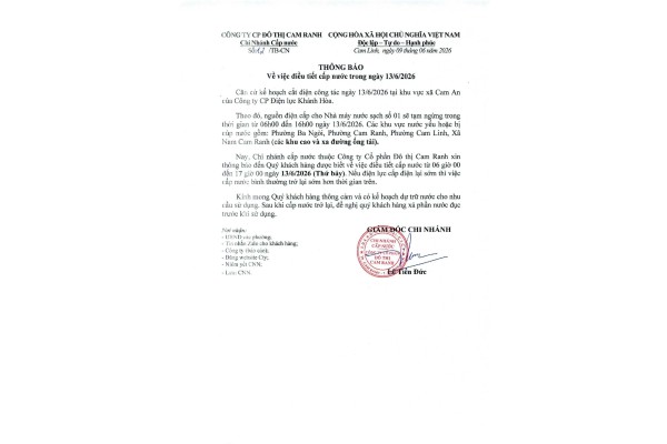 Thông báo v/v điều tiết cấp nước trong ngày 13/06/2026