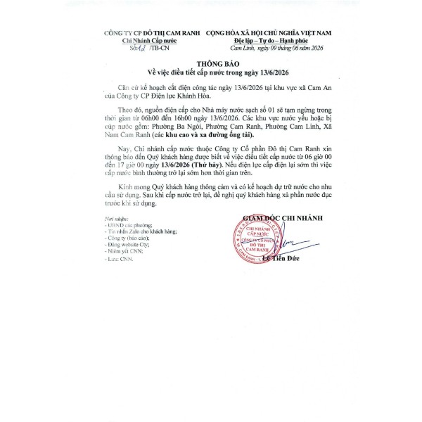 Thông báo v/v điều tiết cấp nước trong ngày 13/06/2026