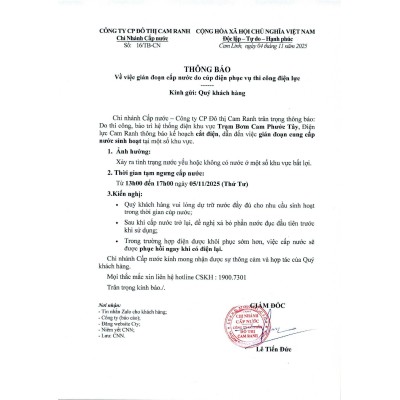 Thông báo v/v gián đoạn cấp nước do cúp điện phục vụ thi công điện lực